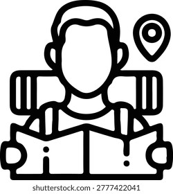 Backpacker holding map near location pin symbol, adventure travel concept, outdoor exploration graphic, trekking icon.