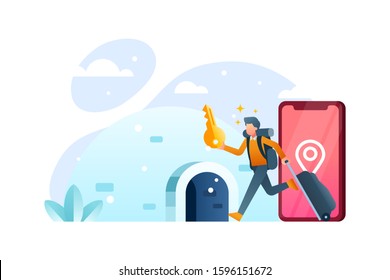 A backpacker holds a big key and suitcase and travels to an igloo's house at the North Pole in winter. Winter Vector. 