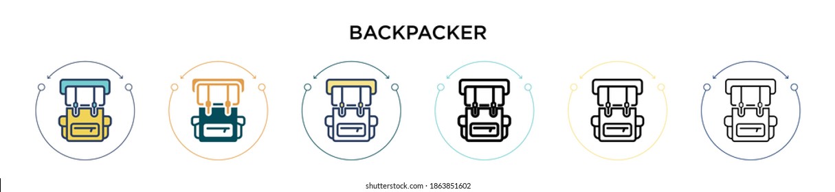 Backpacker icon in filled, thin line, outline and stroke style. Vector illustration of two colored and black backpacker vector icons designs can be used for mobile, ui, web