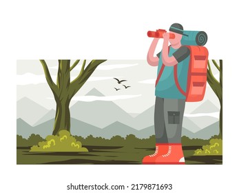 Backpacker Illustration Nature Explorer Flat Design