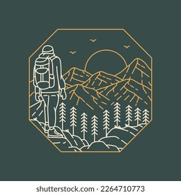 Backpacker Journey to the Top of the Mountains Monoline Design Illustration for Apparel
