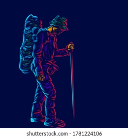 backpacker line pop art potrait logo colorful design with dark background. Abstract vector illustration. 