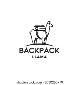 backpacker Llama animal simple retro logo design,llama animal carrying adventure bag