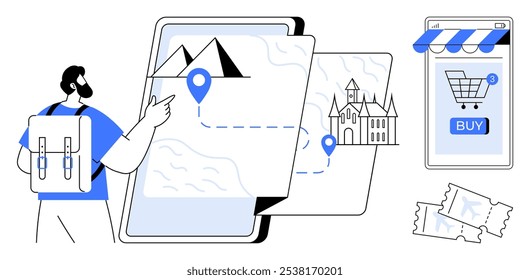 Mochileiro olhando para o mapa digital no tablet com rota para montanhas e castelo ao lado de uma tela de telefone com ícone de carrinho de compras. Ideal para viagem planejamento aventura viagens tecnologia digital mapas bilhete