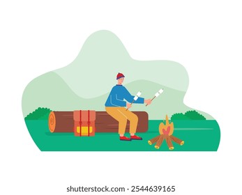 El hombre mochilero está quemando malvaviscos solo en la fogata, aventura en el bosque. Ilustración plana de Vector