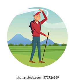 backpacker man cap walking stick-badge