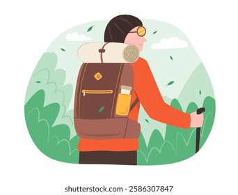 Backpacker Man Hiking in Forest for Outdoor Adventure Recreation Activity Concept Illustration