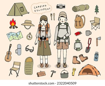 Backpacker man and woman, Camping equipment. Hand drawn style vector illustration.