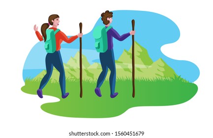 backpacker man and woman, couple for trekking vector illustration