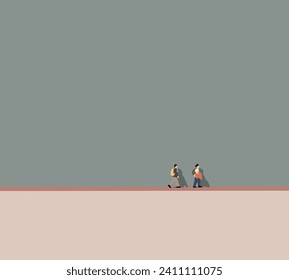 Backpacker man and woman walking on city street. Tourists on vacation enjoy spend time together. Travel on holiday.  