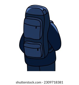 Backpacker at night, back rear view. Tourist with big huge bag, backpack, luggage from backside. Stranger with baggage during relocation. Flat vector illustration isolated on white background