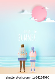 Backpacker on the beach with ocean background for summer in paper art style vector illustration