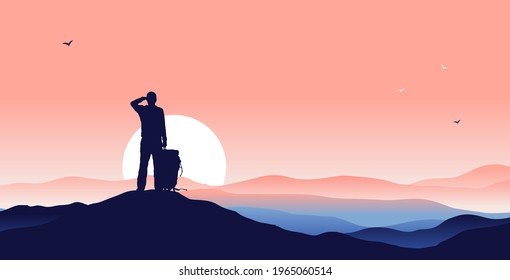 Backpacker on mountain top - Male person with backpack standing on top looking at view over horizon, mountain range and sunrise, with copy space for text. Vector illustration.