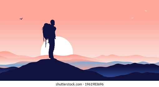 Backpacker on mountaintop - Male hiker watching the sunset and view over horizon from top of hill. Vector landscape illustration with silhouette.