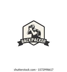 backpacker photographer emblem silhouette logo 