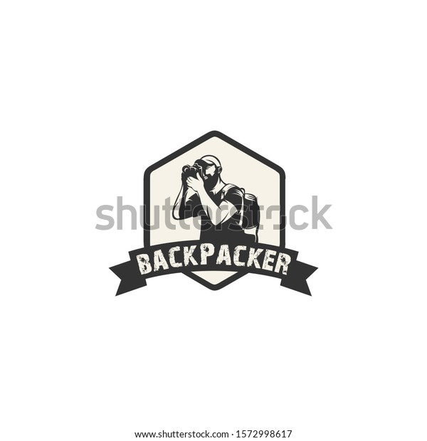 Backpacker Photographer Emblem Silhouette Logo Stock Vector
