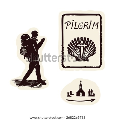Backpacker pilgrims couple on St James way. Hand drawn vector motif year of jubilee 
pilgrimage. Simple black and white pilgrimage sacred trail hike sign for european albbergue or hostel 

