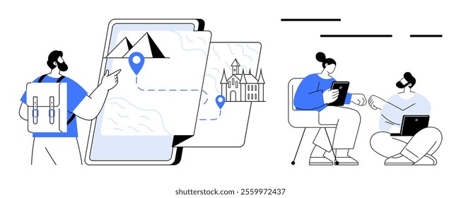 Backpacker planning travel with a map on a digital device, while two people work remotely using tablets and laptops. Ideal for travel, remote work, digital nomadism, technology integration
