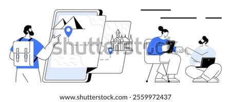 Backpacker planning travel with a map on a digital device, while two people work remotely using tablets and laptops. Ideal for travel, remote work, digital nomadism, technology integration