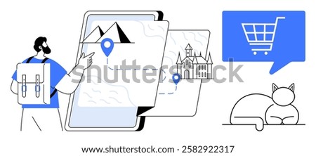 Backpacker points at tablet displaying map with route to mountain and castle. Speech bubble holds shopping cart icon. Resting cat. Ideal for travel, e-commerce, navigation, pets, adventure