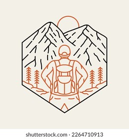 Backpacker Preparing to Climb the Top of the Mountain Monoline Design Illustration for Apparel