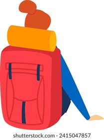Backpacker resting with large red backpack outdoor. Hiking adventure, exploration travel theme. Camping rest time, enjoying nature vector illustration.