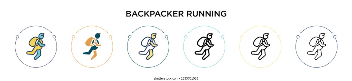 Backpacker running icon in filled, thin line, outline and stroke style. Vector illustration of two colored and black backpacker running vector icons designs can be used for mobile, ui, web