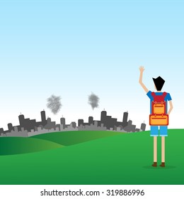 backpacker say goodbye to pollution city vacation holiday concept
