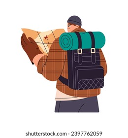 Backpacker searches route, way on paper map in hike. Man in warm outfit travel with backpack, looking journey back view. Sport orienteering, active hobby. Flat isolated vector illustration on white