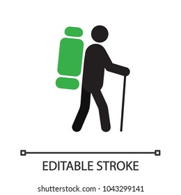 Backpacker silhouette icon. Person going hiking. Isolated vector illustration. Editable stroke