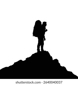 Backpacker silhouette on mountain peak success.