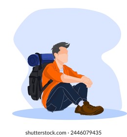 a backpacker, sitting casually. flat vector style