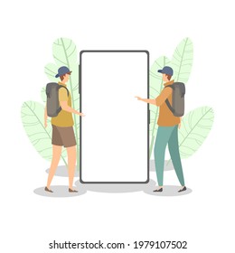 Backpacker stand in front of the big smartphone.Flat design.Isolated on white background.Vector illustration about people and travel.
