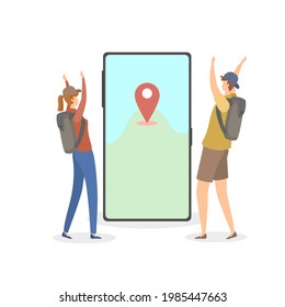 Backpacker stand in front of the big smartphone.Flat design.concept find the destination.Isolated on white background.Vector illustration about people and online travel.