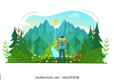 A backpacker standing on the top of a mountain enjoying river view. Vector illustration.