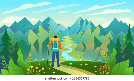 A backpacker standing on the top of a mountain enjoying river view. Vector illustration.