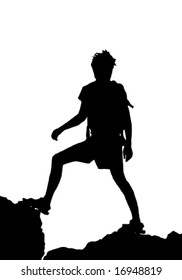 backpacker standing on top of mountain, vector illustration