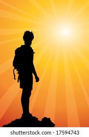 backpacker standing on top of mountain, vector illustration