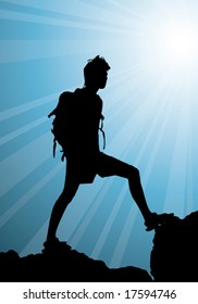 backpacker standing on top of mountain, vector illustration