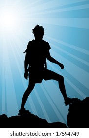 backpacker standing on top of mountain, vector illustration