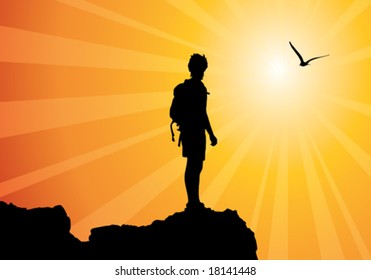 backpacker standing on top of mountain, vector illustration