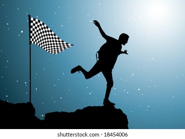 backpacker standing on top of mountain, vector illustration