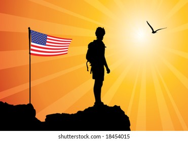 backpacker standing on top of mountain, vector illustration