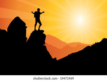 backpacker standing on top of mountain, vector illustration