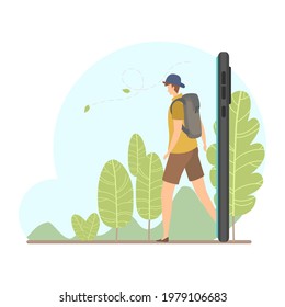 Backpacker step out big smartphone and walk out to travel the world.Flat design.Isolated on white background.Vector illustration about people and travel around the world.