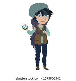 Backpacker teenage boy shows compass. Cartoon illustration on white background. Watercolour imitation.