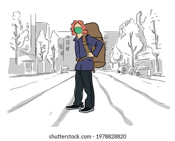 Backpacker tourist with backpack wearing a mask vector illustration