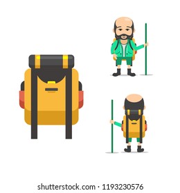 Backpacker tourist hiking flat design vector character illustration 