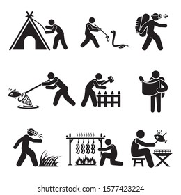 backpacker, traveler, hiker in different activities for survival in wild concept