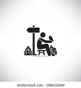 backpacker or traveler sitting and drinking near by road signage vector